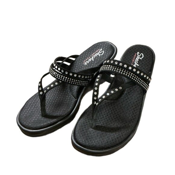 Skechers Women's Black Rhinestone Wedge Flip Flop Sandals Memory Foam Size 9 - Picture 2 of 6
